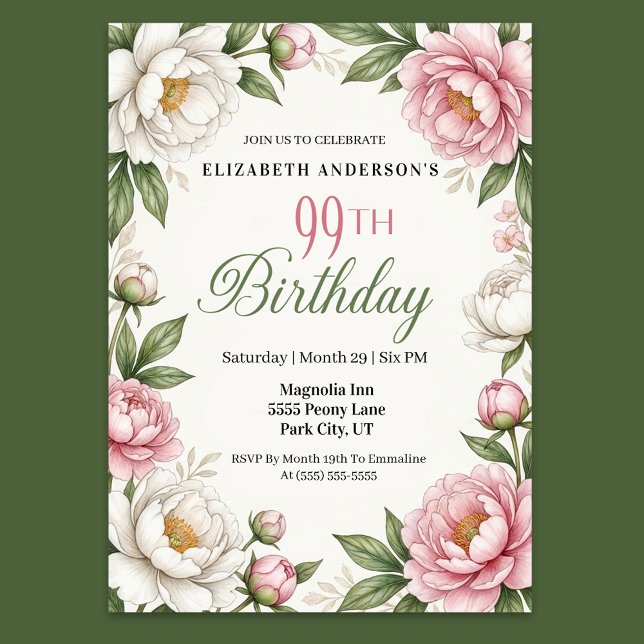 Invitation Douce Magnolia Rose et Pivoine 99e Anniversaire (Elegant pink peony and white magnolia floral 99th birthday invitation with botanical greenery )
