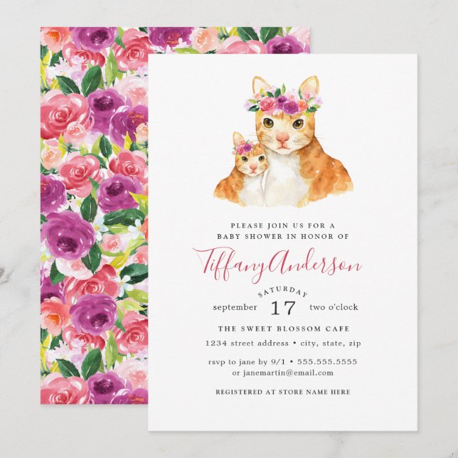 Invitation Douce Maman Et Bébé Chat Floral Baby Shower (Devant / Derrière)