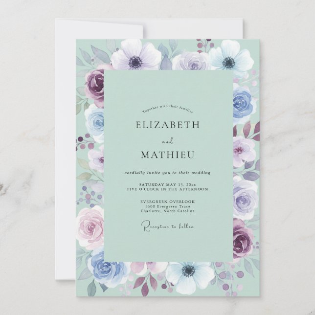 Invitation Douce Mariage Anémone Améthyste Seafoam (Devant)