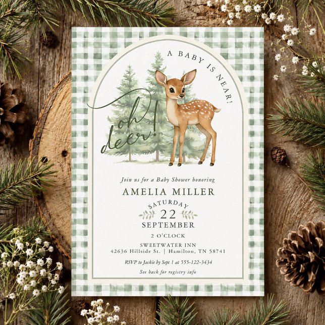 Invitation Douce Mariage au Gingham Vert Oh Cerf Genre Neutre (Green Gingham Oh Deer Gender Neutral Bridal Shower Invitation)
