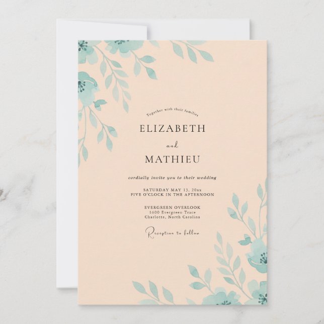 Invitation Douce Mariage aux Feuilles de Menthe et Pêche (Devant)