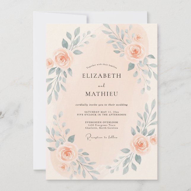 Invitation Douce Mariage aux Feuilles de Slate Pêche (Devant)