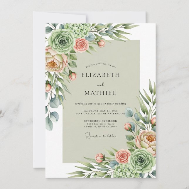 Invitation Douce Mariage aux Succulentes Vert Sauge (Devant)