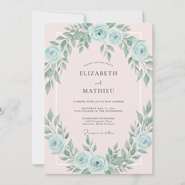 Invitation Douce Mariage Azur Feuillu Rose (Devant)