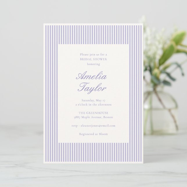 Invitation Douce Mariage Champêtre Lavande Rayée (Debout devant)
