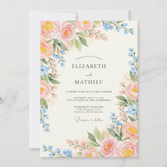 Invitation Douce Mariage de Printemps Rose Bleu Rêveur (Devant)