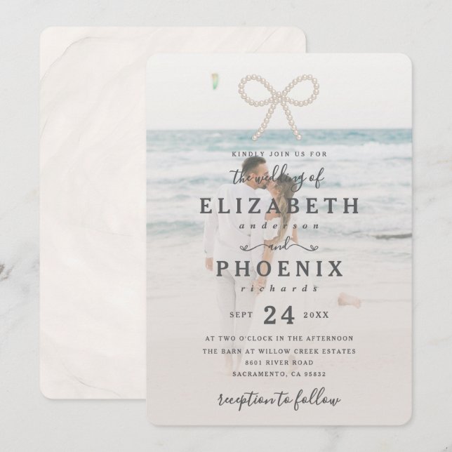 Invitation Douce Mariage Élégant avec Nœud en Perle Simple et (Devant / Derrière)