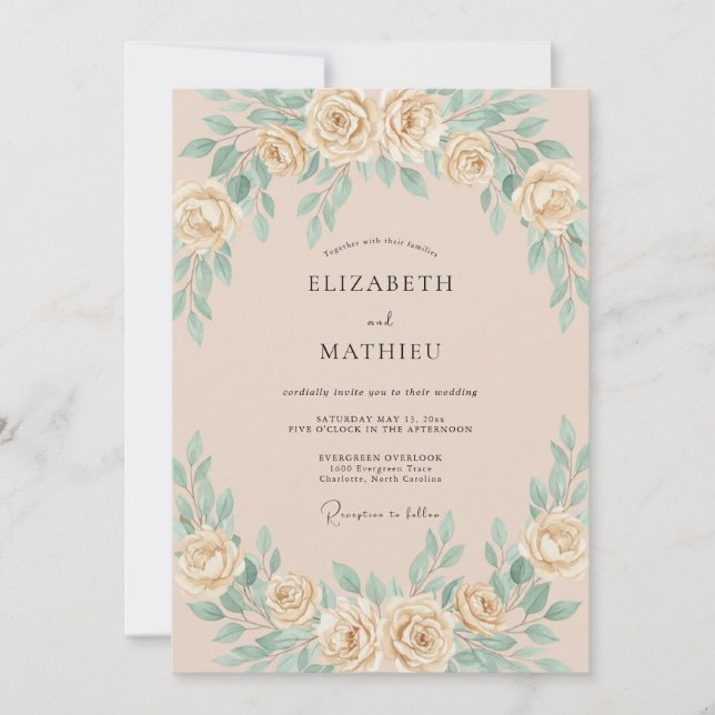 Invitation Douce Mariage Feuille de Menthe Champagne (Devant)