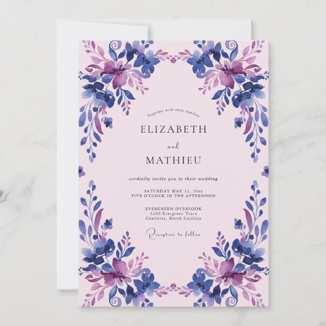 Invitation Douce Mariage Fleur Violette de Pervenche (Devant)