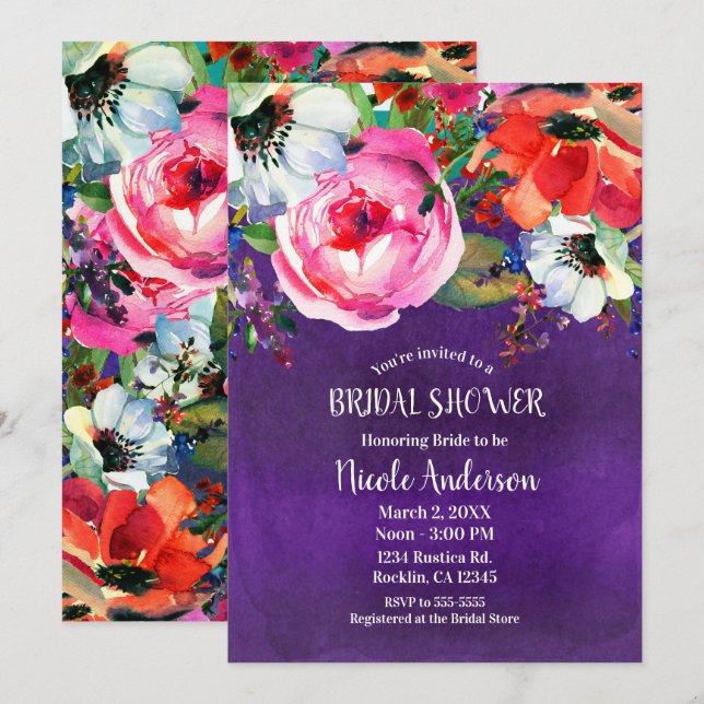 Invitation Douce Mariage Floral Aquarelle Violet Clair Et Aud (Devant / Derrière)