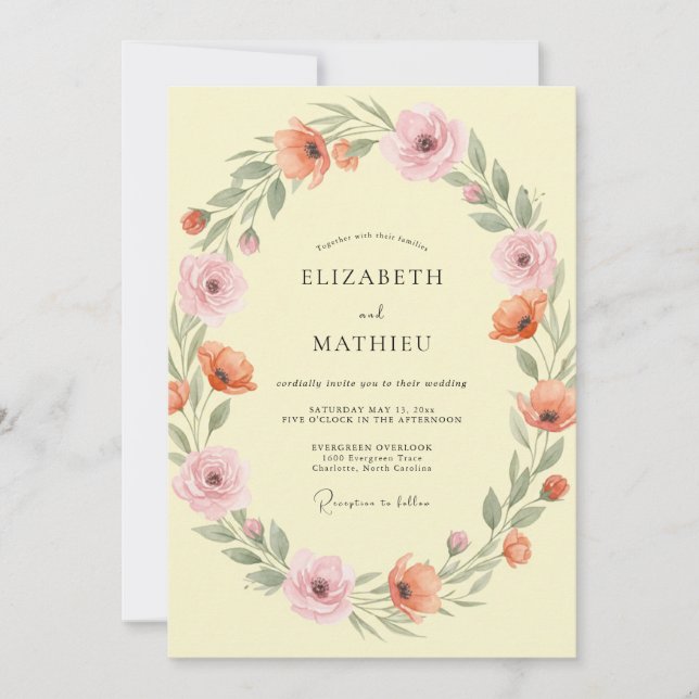 Invitation Douce Mariage Floral aux Pêches Jaune (Devant)