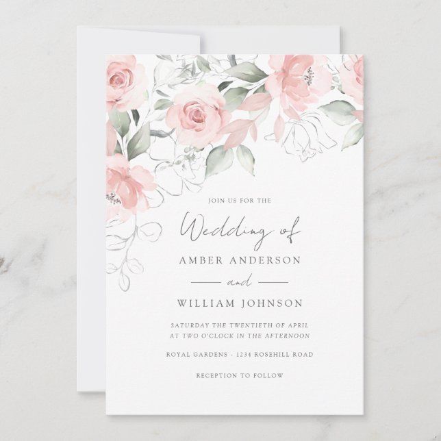 Invitation Douce Mariage Floral Rose Pâle  (Devant)