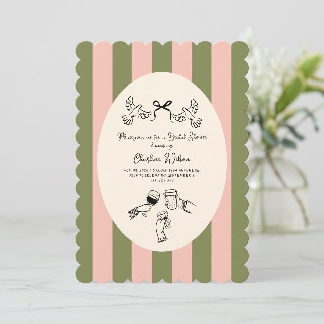Invitation Douce Mariage Illustré Vert Rose Rayé (Créateur téléchargé)