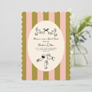 Invitation Douce Mariage Illustré Vert Rose Rayé