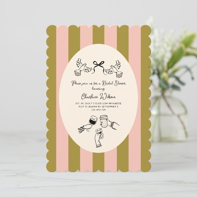 Invitation Douce Mariage Illustré Vert Rose Rayé (Créateur téléchargé)
