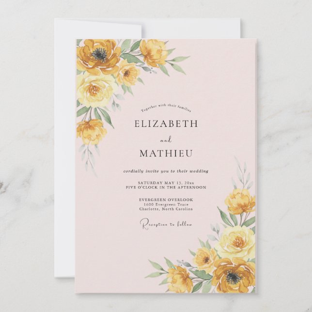 Invitation Douce Mariage Jaune Renoncule Eucalyptus (Devant)