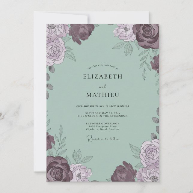 Invitation Douce Mariage Mauve Céladon Pétales (Devant)