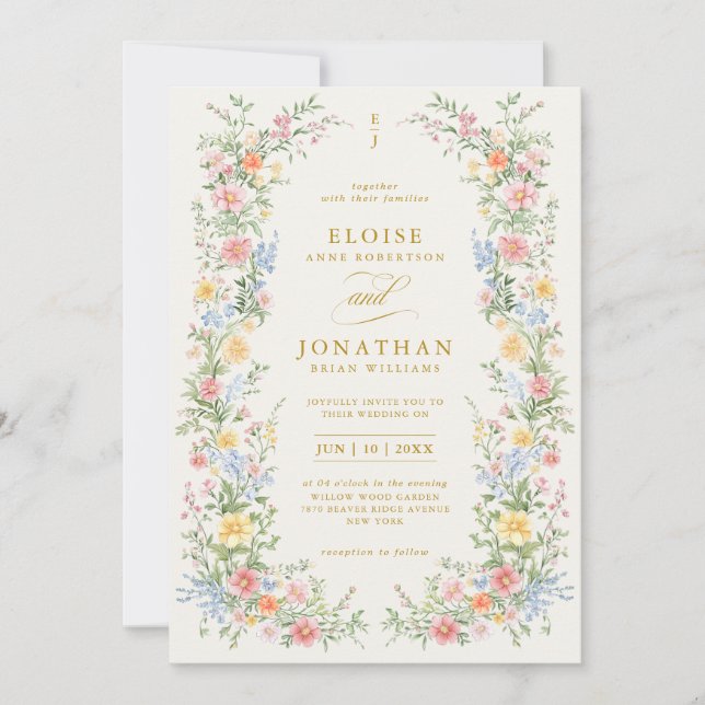 Invitation Douce Mariage Orné de Printemps Tout en Un Or (Devant)