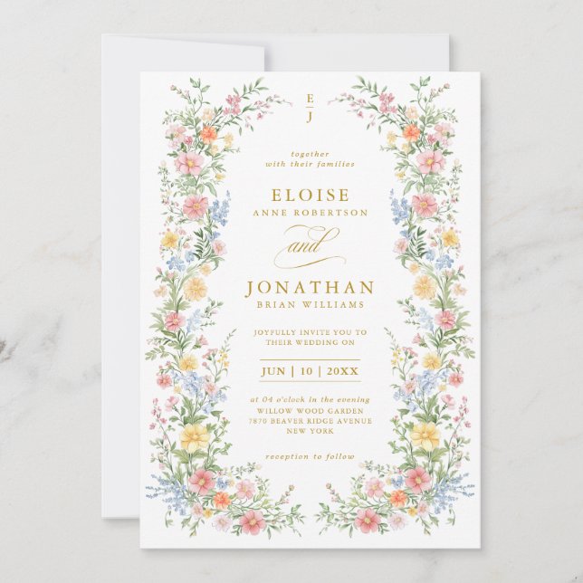 Invitation Douce Mariage Orné de Printemps Tout en Un Or (Devant)