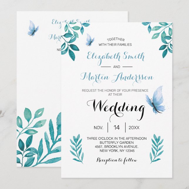 Invitation Douce mariage papillon floral bleu aquarelle (Devant / Derrière)