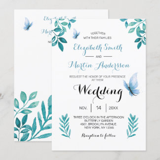 Invitation Douce mariage papillon floral bleu aquarelle
