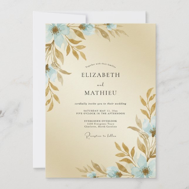 Invitation Douce Mariage Peint Aqua Champagne (Devant)