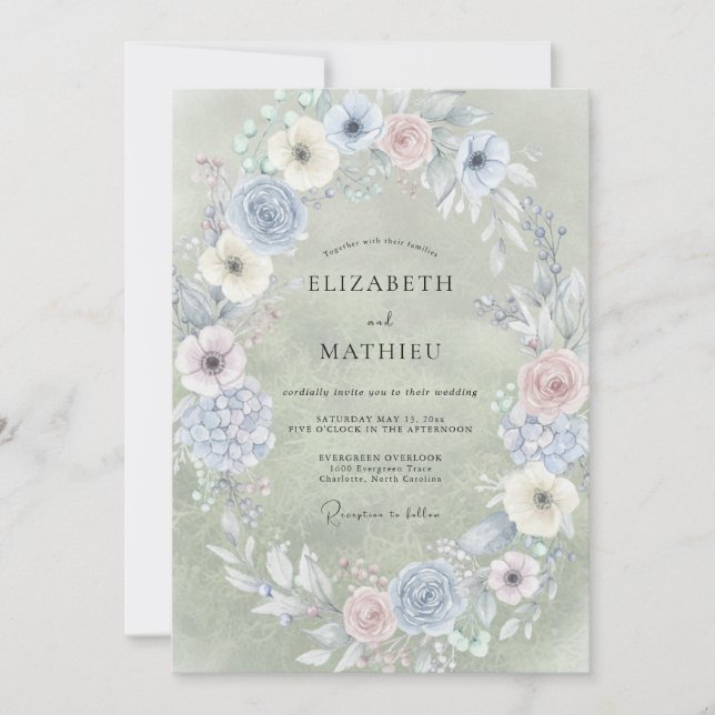 Invitation Douce Mariage Pervenche Champagne Peint (Devant)