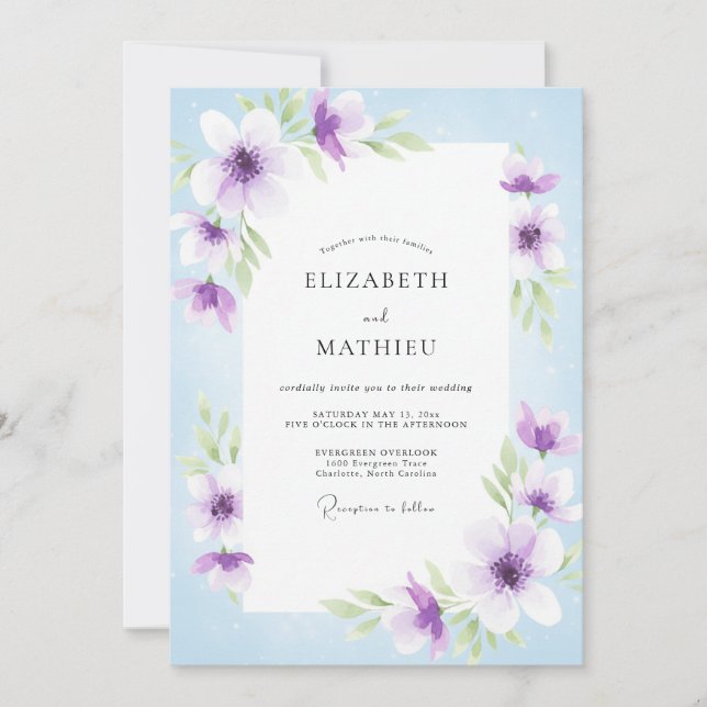 Invitation Douce Mariage Pétale de Pervenche Lavande (Devant)