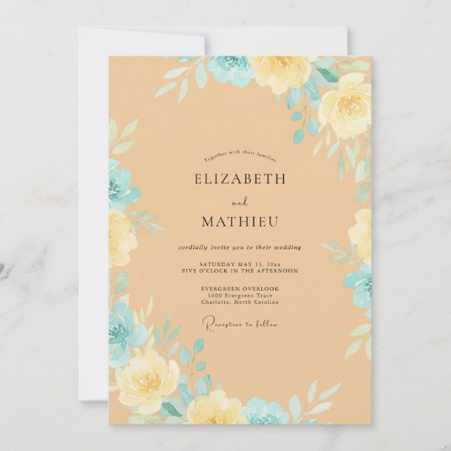Invitation Douce Mariage Pivoine Jaune Cyan (Devant)