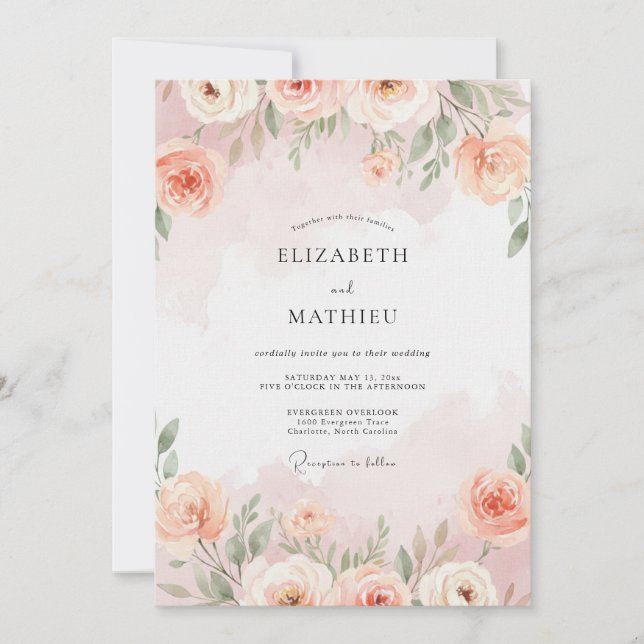 Invitation Douce Mariage Ranunculus Eucalyptus Abricot (Devant)