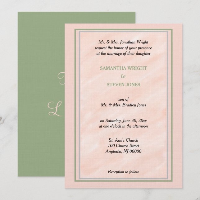 Invitation Douce Mariage Rose Pâle et Vert Sauge (Devant / Derrière)
