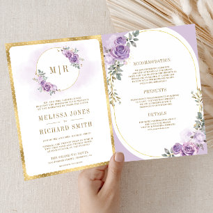 Invitation Douce Mariage Tout en Un Fleur Mauve Lilas Doré