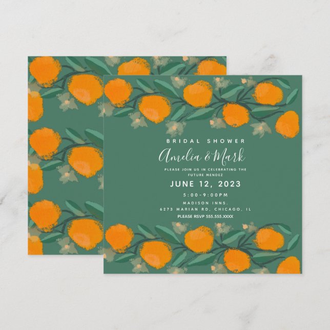 Invitation Douce Mariée Abstrait Botanique Orange Dessinée à  (Devant / Derrière)