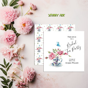 Invitation Douce Mariée aux Roses Roses dans une Tasse de Thé
