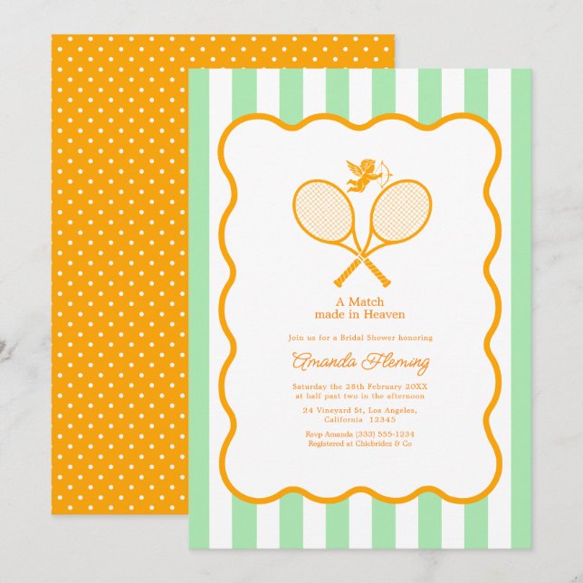 Invitation Douce Mariée de Tennis Orange et Vert Menthe (Devant / Derrière)