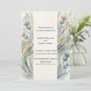 Invitation Douce Mariée Écossaise Tartan Bleu Thistle Or Sash