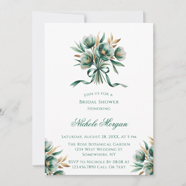 Invitation Douce Mariée Émeraude et Or Floral (Devant)