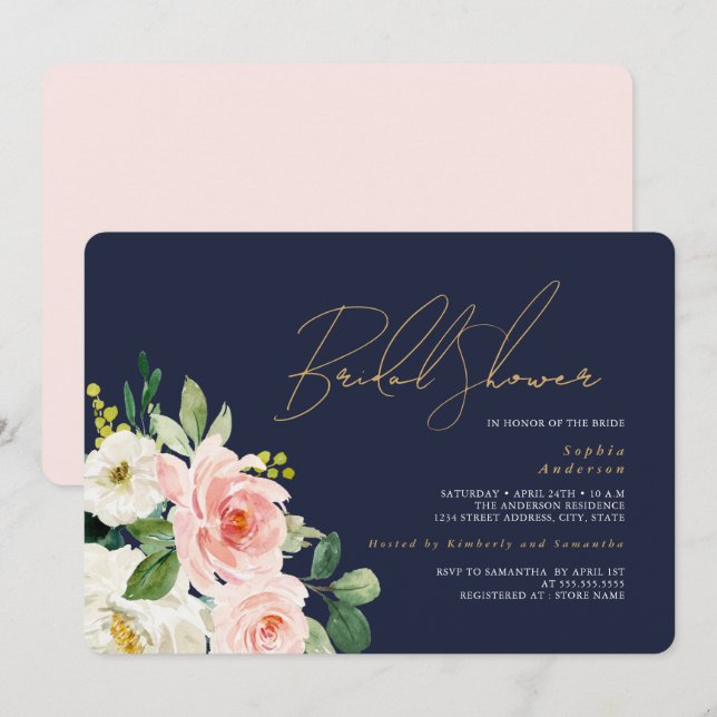 Invitation Douce Mariée Fleurie Bleu Marine (Devant / Derrière)