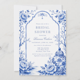 Invitation Douce Mariée Fleurie Chinoiserie Bleu Blanc