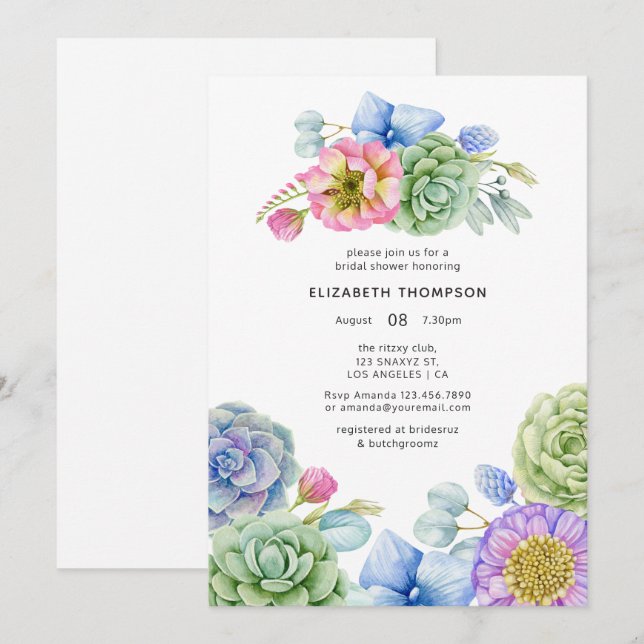 Invitation Douce Mariée Fleurie et Succulente Tendance (Devant / Derrière)