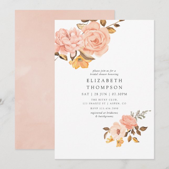 Invitation Douce Mariée Fleurie Rose et Or (Devant / Derrière)