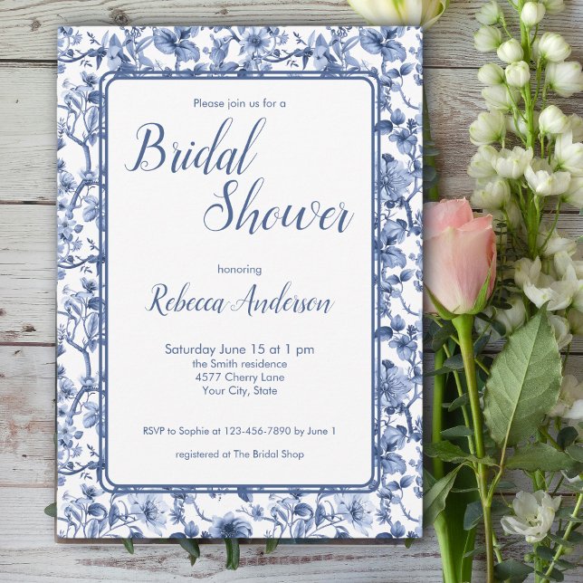 Invitation Douce Mariée Fleurie Toile Chinoise Bleue (Créateur téléchargé)