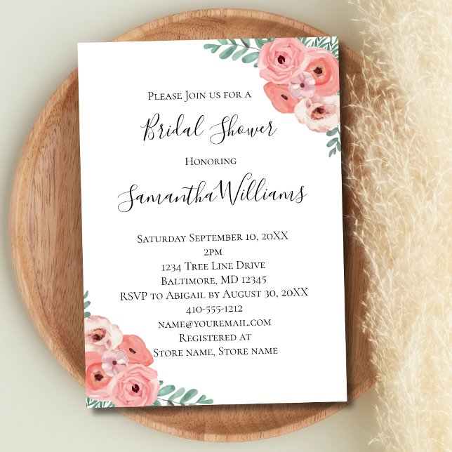 Invitation Douce Mariée Fleurs de Cerisier et Feuillage Fleur (Pink Floral Watercolor Bridal Shower Invitation)