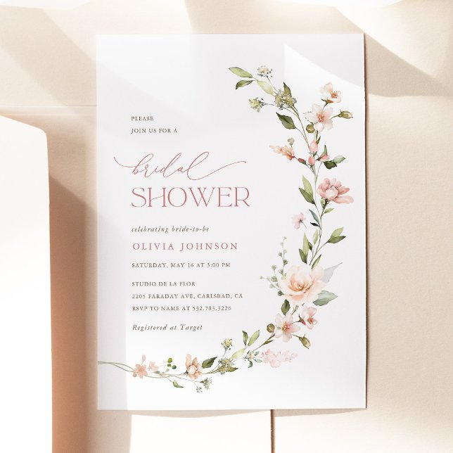 Invitation Douce Mariée Florale Rose Pêche (Peach Blush Floral Bridal Shower Invitation, Garden Blush Wildflower Botanical Bridal Shower Invite)