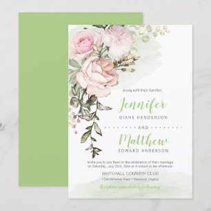Invitation Douce Mariée Florale Rouge Clair sur Fond Vert pou