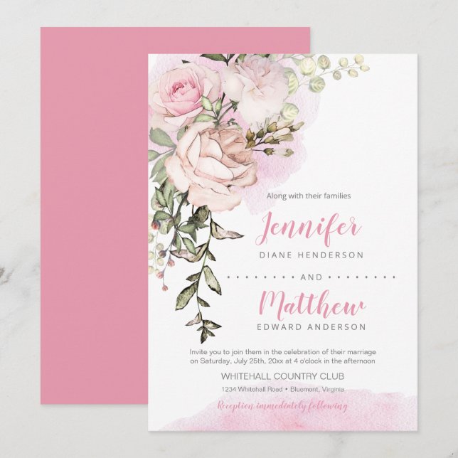 Invitation Douce Mariée Florale Tombante Mariage (Devant / Derrière)