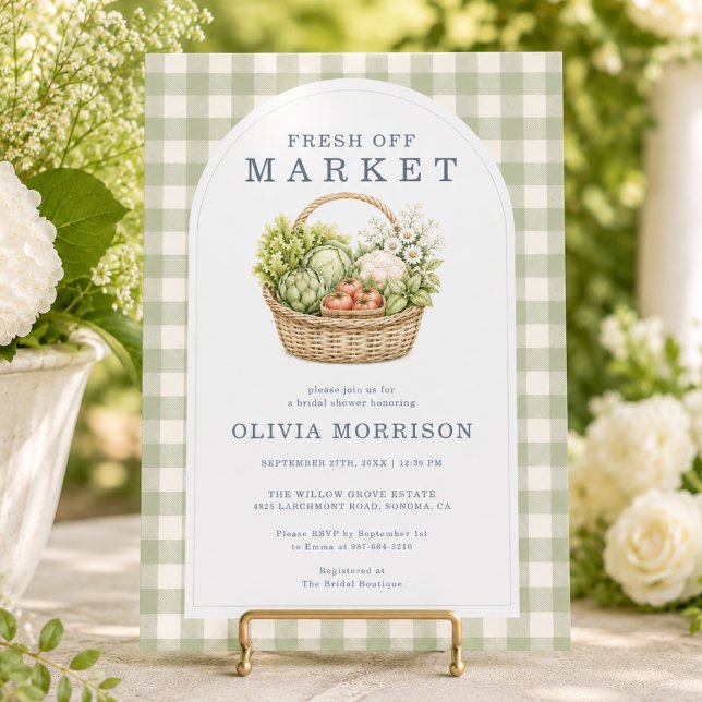 Invitation Douce Mariée Fraîche du Marché avec Gingham Sauge (Créateur téléchargé)