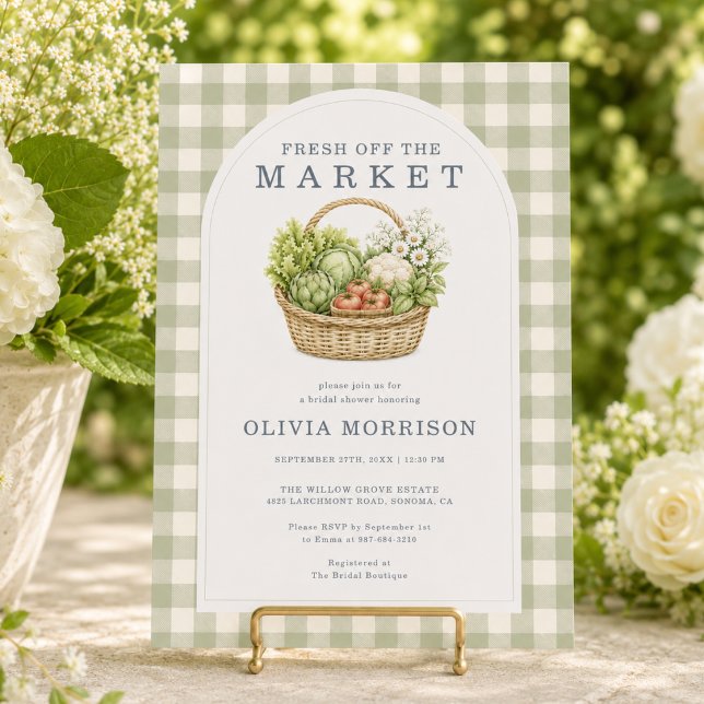 Invitation Douce Mariée Fraîche du Marché avec Gingham Sauge (Créateur téléchargé)
