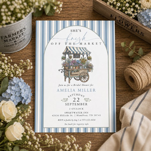 Invitation Douce Mariée Fraîchement Récoltée pour la Fête de  (Blue Striped Fresh Off The Market Bridal Shower Invitation)
