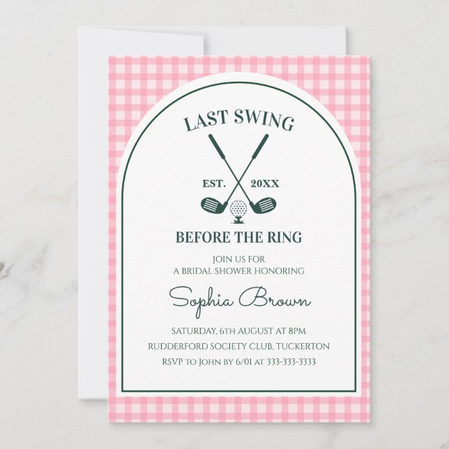 Invitation Douce Mariée Rose Gingham Vert Arche Golf (Devant)
